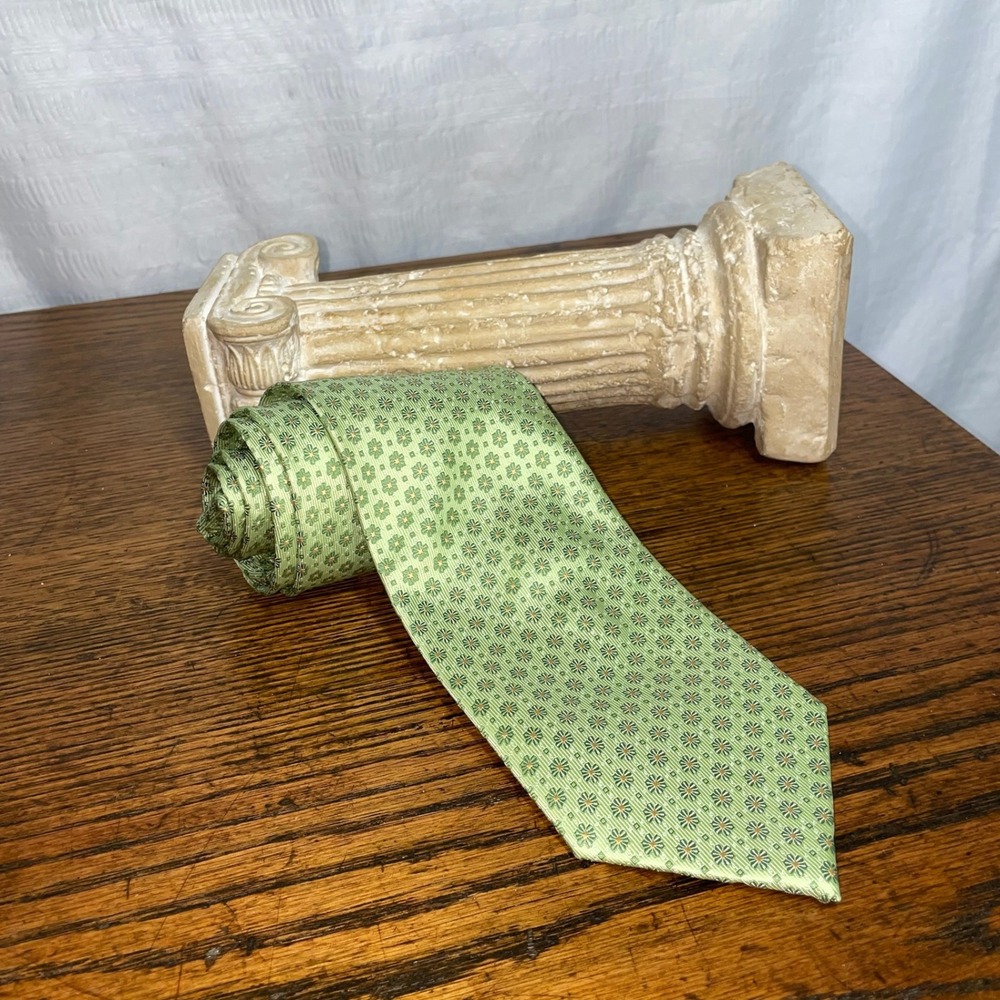Bergamo New York Mens Tie Green Gold Geometric Floral Jacquard Hand Made